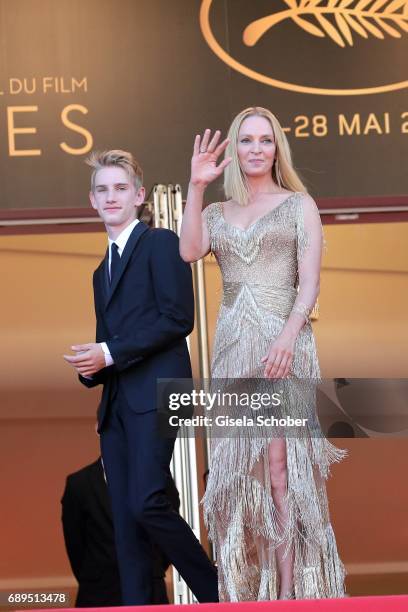 President of the Un Certain Regard jury Uma Thurman and her son Levon Roan Thurman-Hawke attend the Closing Ceremony during the 70th annual Cannes...