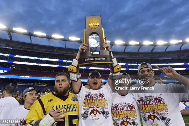 Members of the Salisbury Sea Gulls react after winning the Division III Men's Lacrosse Championship held at Gillette Stadium on May 28, 2017 in...