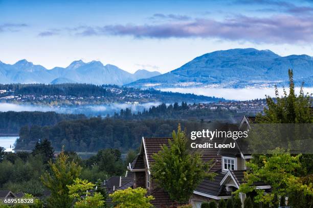 beautiful mountain river scene at sunrise, bc, canada - surrey stock pictures, royalty-free photos & images