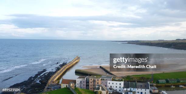 aerial view of st. andrews pier and bay - st andrews bay stockfoto's en -beelden