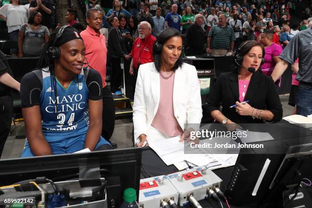 Sylvia Fowles of the Minnesota Lynx is interviewed by the media against the San Antonio Stars on May 28, 2017 at Xcel Energy Center in St. Paul,...