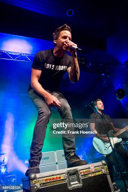 Pierre Bouvier and Sebastien Lefebvre of the Canadian band Simple Plan perform live on stage during a concert at the Astra on May 28, 2017 in Berlin,...