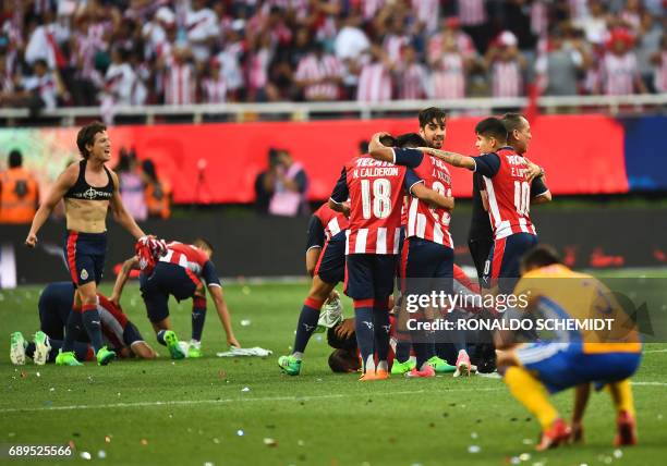 Guadalajara players celebrate their victory against Tigres during the final match of the Mexican Clausura 2017 football tournament, at the Chivas...