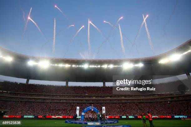 Fireworks explode over Chivas Stadium after the Final second leg match between Chivas and Tigres UANL as part of the Torneo Clausura 2017 Liga MX at...