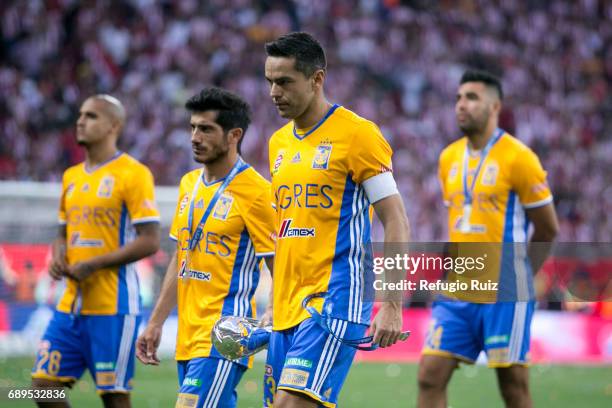 Juninho and Damián Alvarez of Tigres look dejected after losing the Final second leg match between Chivas and Tigres UANL as part of the Torneo...