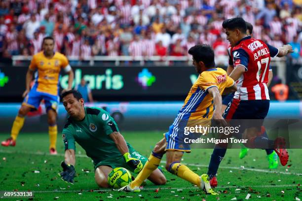 Rodolfo Cota of Chivas blocks a goal of Damian Alvarez of Tigres during the Final second leg match between Chivas and Tigres UANL as part of the...