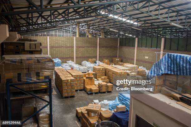 Boxes of spices and seasonings sit stacked inside a warehouse at the Nithi Foods Co. Factory in the San Pa Tong district of Chiang Mai, Thailand, on...