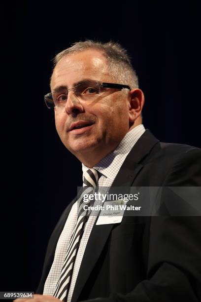 Thomas Pippos of Deloitts speaks to a business luncheon at the Sky City Convention Centre on May 26, 2017 in Auckland, New Zealand. Finance Minister...