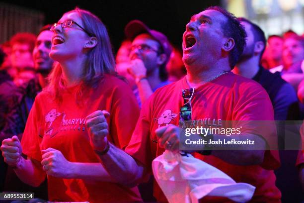 Cody Altman's father celebrates his son Cody and Maryville University in the League of Legends College Championship at the NA LCS Studio at Riot...