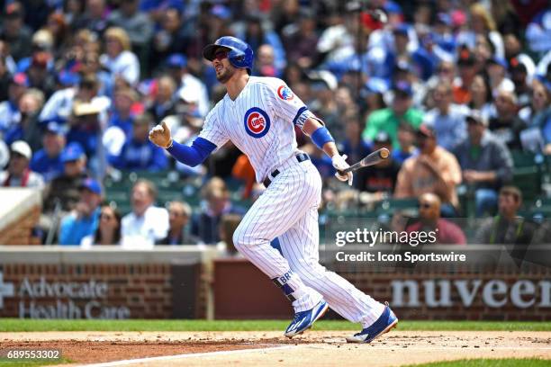 Chicago Cubs third baseman Kris Bryant hits a home run in the first inning during a game between the San Francisco Giants and the Chicago Cubs on May...