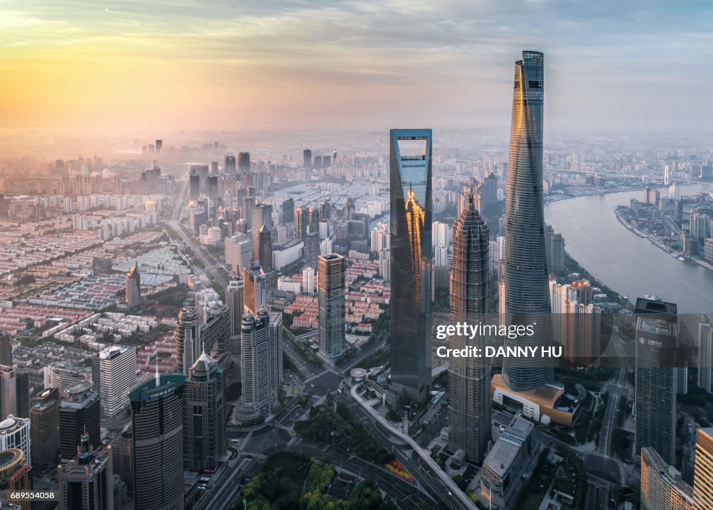 Overlook of three skyscrapers in Lujiazui district,Shanghai