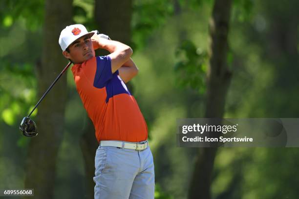 Clemson Bryson Nimmer tees off at the 12th hole during the NCAA Division I Men's Golf Championship on May 28 at Rich Harvest Farms in Sugar Grove,...