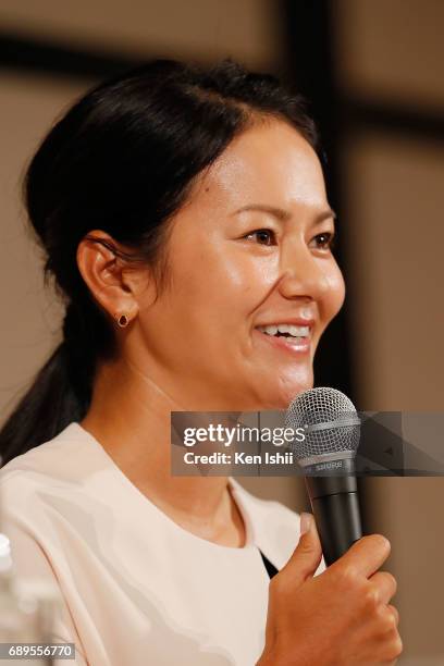 Golfer Ai Miyazato announces her retirement in a news conference on May 29, 2017 in Tokyo, Japan.