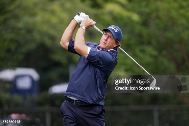 Phil Mickelson plays his shot from the fourth tee during the final round of the PGA Dean & Deluca Invitational on May 28, 2017 at Colonial Country...