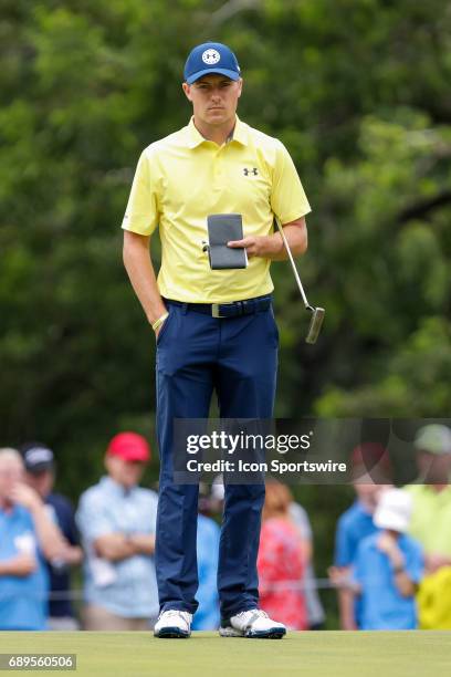 Jordan Spieth waits to putt on during the final round of the PGA Dean & Deluca Invitational on May 28, 2017 at Colonial Country Club in Fort Worth,...