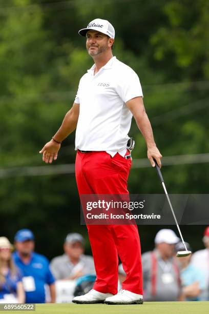 Scott Piercy reacts after missing his putt on during the final round of the PGA Dean & Deluca Invitational on May 28, 2017 at Colonial Country Club...