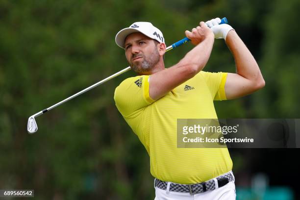 Sergio Garcia hits his tee shot on during the final round of the PGA Dean & Deluca Invitational on May 28, 2017 at Colonial Country Club in Fort...