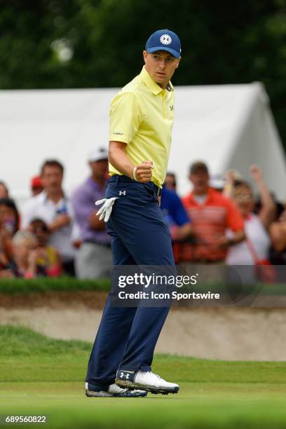 Jordan Spieth fist pumps after making birdie on during the final round of the PGA Dean & Deluca Invitational on May 28, 2017 at Colonial Country Club...