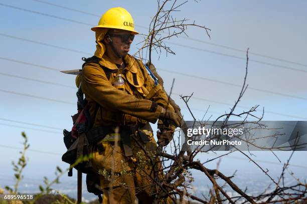 Firefighter clears dry brush while fighting a wildfire burning in Mandeville Canyon near the Getty Center in Los Angeles, California on May 28, 2017....