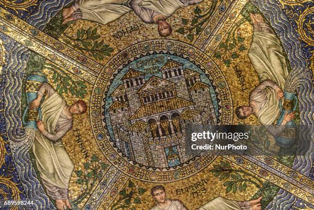 Icons and ceiling painting in the Octagon, the Palatine Cathedral of Charlemagne in Aechen, Germany, on May 26, 2017. The Cathedral of...