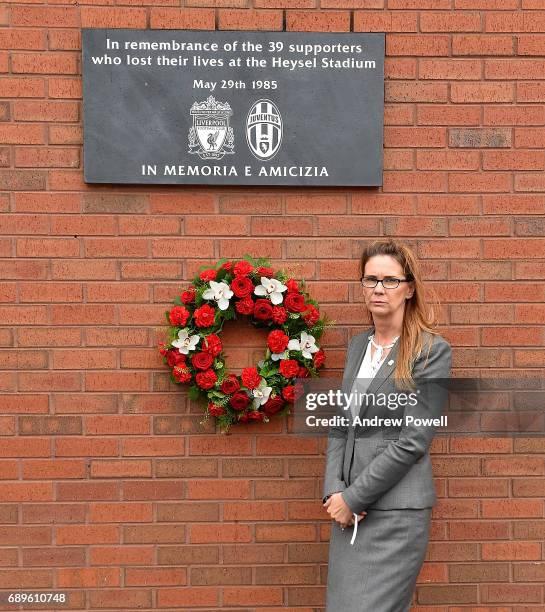 Susan Black the Director of Communications for Liverpool Football Club lays a wreath to mark the anniversary of the Heysel Stadium Disaster, at...