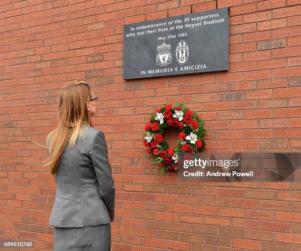 Susan Black the Director of Communications for Liverpool Football Club lays a wreath to mark the anniversary of the Heysel Stadium Disaster, at...