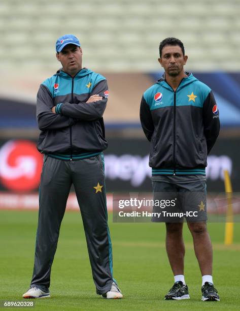 Mickey Arthur, Head Coach of Pakistan and Azhar Mahmood, Bowling Coach of Pakistan look on during the ICC Champions Trophy Warm-up match between...