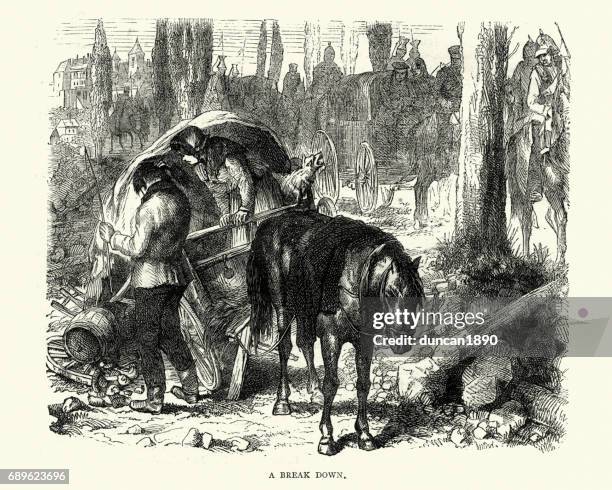 franco prussian war refugees with broken waggon wheel - wagon wheel stock illustrations