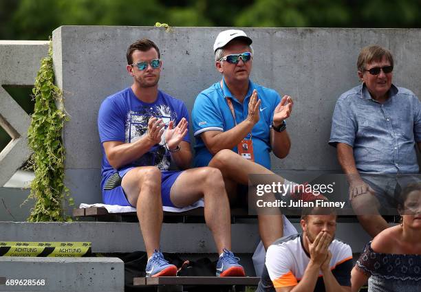 Great Britain coaches Leon Smith and Louis Cayer look on during day two of the 2017 French Open at Roland Garros on May 29, 2017 in Paris, France.