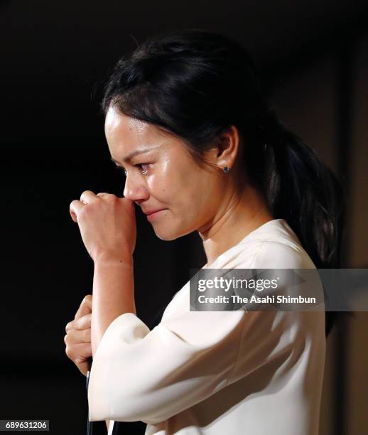 Golfer Ai Miyazato sheds tears during a press conference on May 29, 2017 in Tokyo, Japan. Miyazato announces her retirement at the end of this season.