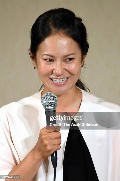 Golfer Ai Miyazato speaks during a press conference on May 29, 2017 in Tokyo, Japan. Miyazato announces her retirement at the end of this season.