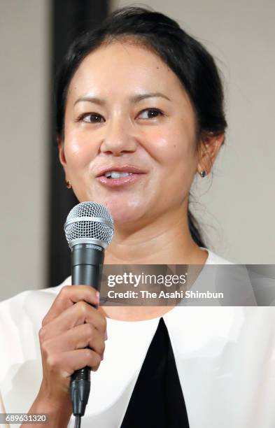 Golfer Ai Miyazato speaks during a press conference on May 29, 2017 in Tokyo, Japan. Miyazato announces her retirement at the end of this season.