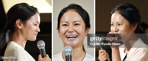 Combined photo shows former women's world No. 1 golfer Ai Miyazato formally announcing her decision to retire during a press conference in Tokyo on...