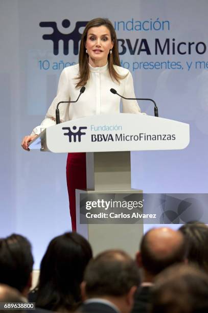 Queen Letizia of Spain attends the 10th Anniversary of 'Microfinanzas BBVA' at the BBVA Bank Foundation on May 29, 2017 in Madrid, Spain.