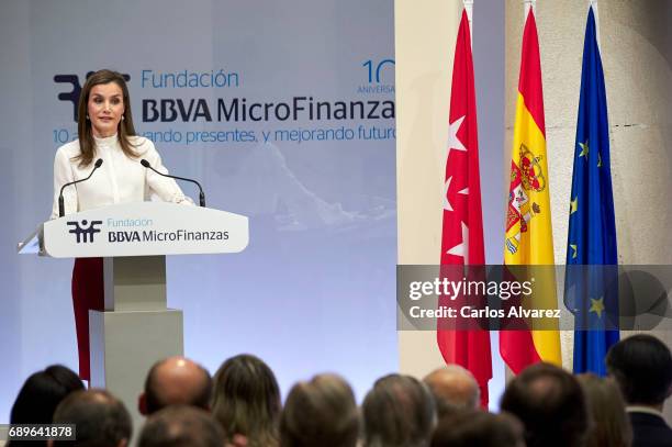 Queen Letizia of Spain attends the 10th Anniversary of 'Microfinanzas BBVA' at the BBVA Bank Foundation on May 29, 2017 in Madrid, Spain.