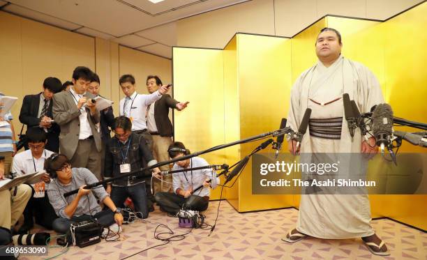 Sekiwake Takayasu speaks to media reporters at the reception after day fifteen of the Grand Sumo Summer Tournament on May 28, 2017 in Tokyo, Japan.