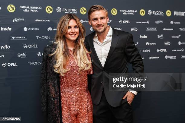Marcel Schmelzer and his wife Jenny arrive for the Borussia Dortmund champions party at the Grand Hyatt Hotel following their DFB Cup Final victory...