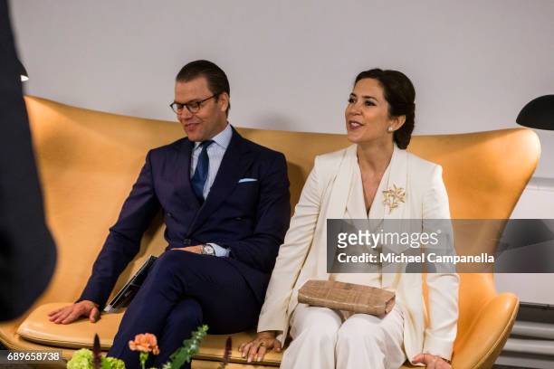 Crown Prince Daniel of Sweden and Crown Princess Mary of Denmark are seen visiting the Designlounge on May 29, 2017 in Stockholm, Sweden.