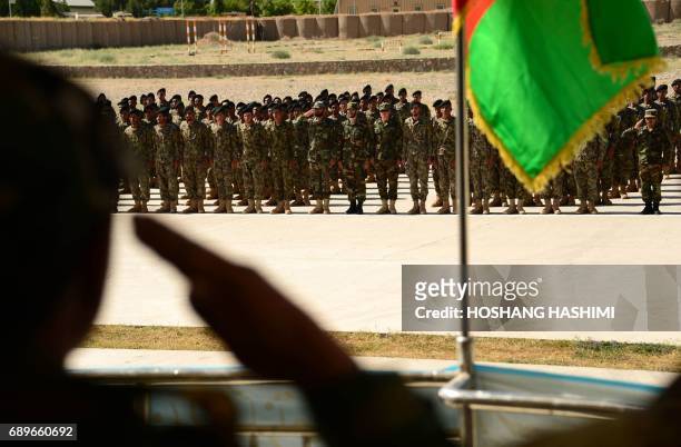 Afghan National Army soldiers stand to attention during a ceremony for the completion of their training at a military base in Herat on May 29, 2017....