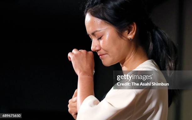 Golfer Ai Miyazato sheds tears during a press conference on May 29, 2017 in Tokyo, Japan. Miyazato announces her retirement at the end of this season.