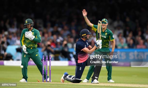 England batsman Jake Ball is bowled by South Africa bowler Maharaj during the 3rd Royal London Cup match between England and South Africa at Lord's...