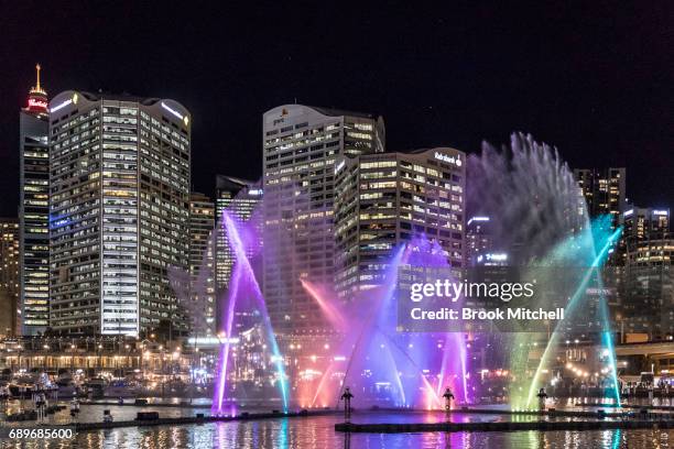 The Magicians of the Mist light show at Darling Harbour as part of Vivid Sydney on May 29, 2017 in Sydney, Australia. Vivid Sydney is an annual...