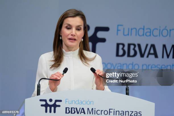 Queen Letizia of Spain attends the 10th Anniversary of 'Microfinanzas BBVA' at the BBVA Bank Foundation on May 29, 2017 in Madrid, Spain.
