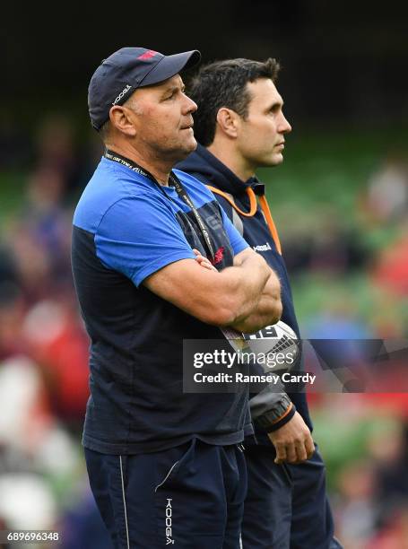 Dublin , Ireland - 27 May 2017; Scarlets head coach Wayne Pivac, left, and backs coach Stephen Jones during the Guinness PRO12 Final between Munster...