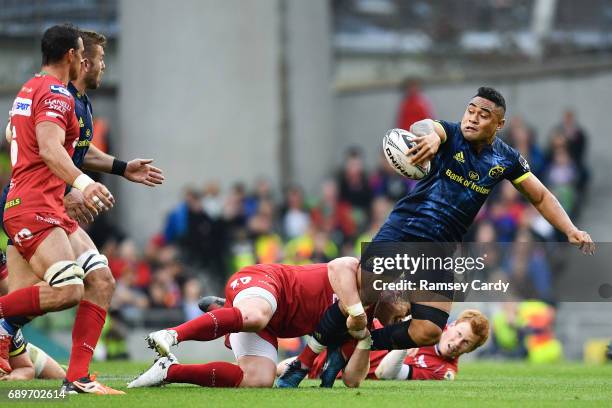 Dublin , Ireland - 27 May 2017; Francis Saili of Munster is tackled by Steffan Evans of Scarlets during the Guinness PRO12 Final between Munster and...