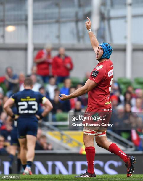 Dublin , Ireland - 27 May 2017; Tadhg Beirne of Scarlets celebrates a last minute try during the Guinness PRO12 Final between Munster and Scarlets at...