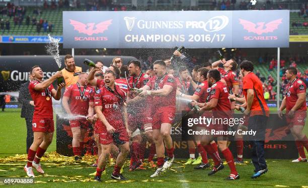 Dublin , Ireland - 27 May 2017; Scarlets players celebrate following the Guinness PRO12 Final between Munster and Scarlets at the Aviva Stadium in...