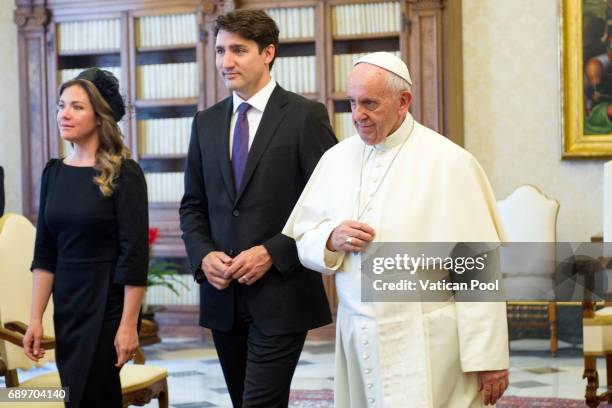 Pope Francis meets Prime Minister of Canada Justin Trudeau and his wife Sophie Gregoire at the Apostolic Palace on May 29, 2017 in Vatican City,...