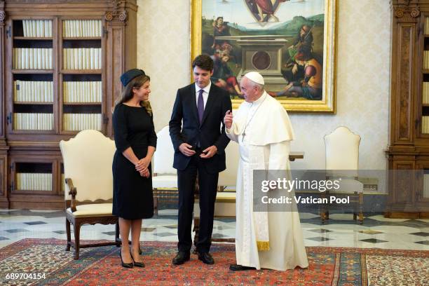 Pope Francis meets Prime Minister of Canada Justin Trudeau and his wife Sophie Gregoire at the Apostolic Palace on May 29, 2017 in Vatican City,...