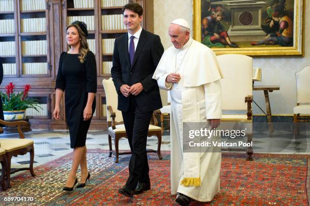 Pope Francis meets Prime Minister of Canada Justin Trudeau and his wife Sophie Gregoire at the Apostolic Palace on May 29, 2017 in Vatican City,...